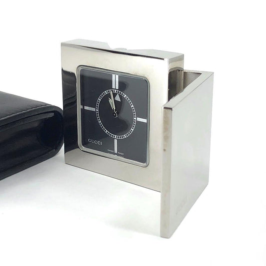 【美品・電池交換済・レザーケース付】GUCCI グッチ／トラベルクロック 置き時計 0840／クォーツ／カバー／ステンレス／ブラック