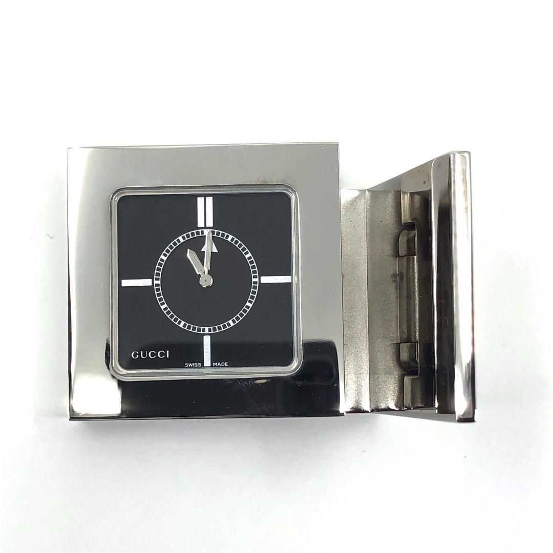【美品・電池交換済・レザーケース付】GUCCI グッチ／トラベルクロック 置き時計 0840／クォーツ／カバー／ステンレス／ブラック