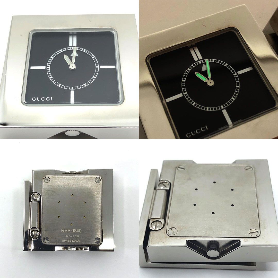 【美品・電池交換済・レザーケース付】GUCCI グッチ／トラベルクロック 置き時計 0840／クォーツ／カバー／ステンレス／ブラック