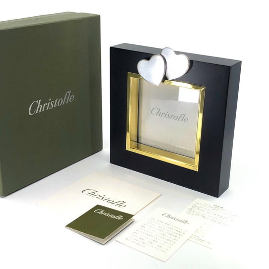 【美品・箱付き】Christofle クリストフル／ダブルハート フォトフレーム 写真立て／クリストフルシルバー・ウッド／ブラック・ゴールド・シルバー