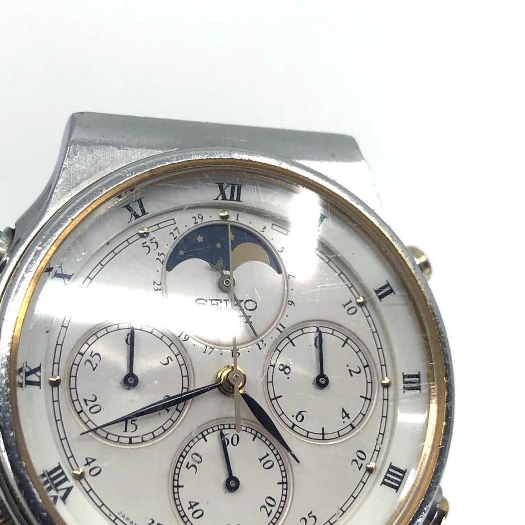 【電池交換済み】SEIKO セイコー／ムーンフェイズ クロノ 7A48-7000／クォーツ／ステンレス／シルバー・ホワイト・ゴールド