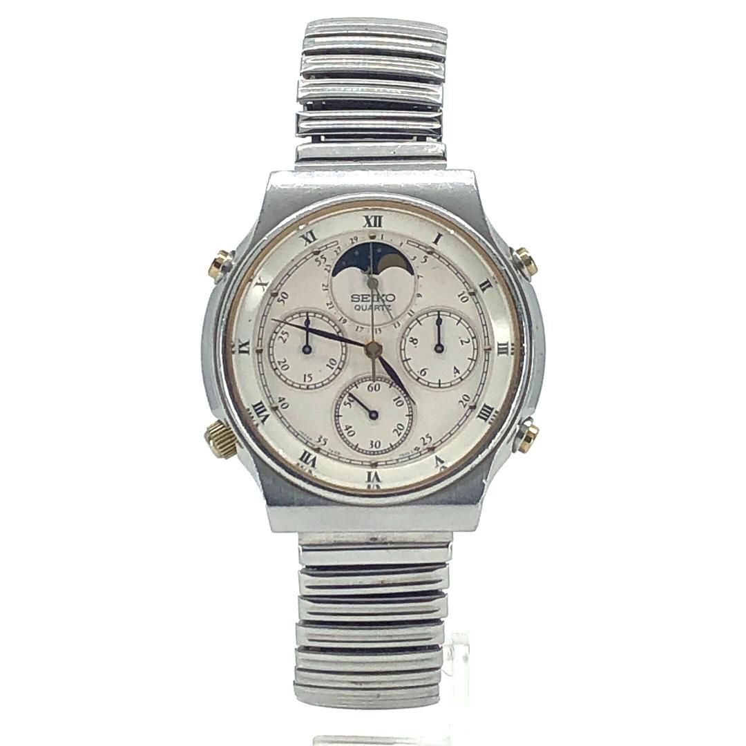【電池交換済み】SEIKO セイコー／ムーンフェイズ クロノ 7A48-7000／クォーツ／ステンレス／シルバー・ホワイト・ゴールド