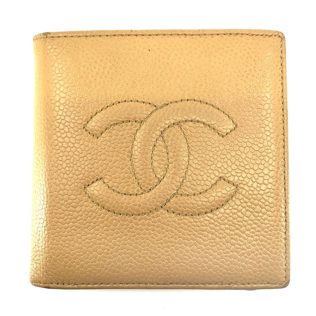 【美品・シール有】CHANEL シャネル／キャビアスキン  ココマーク 二つ折り財布／レザー／イエロー