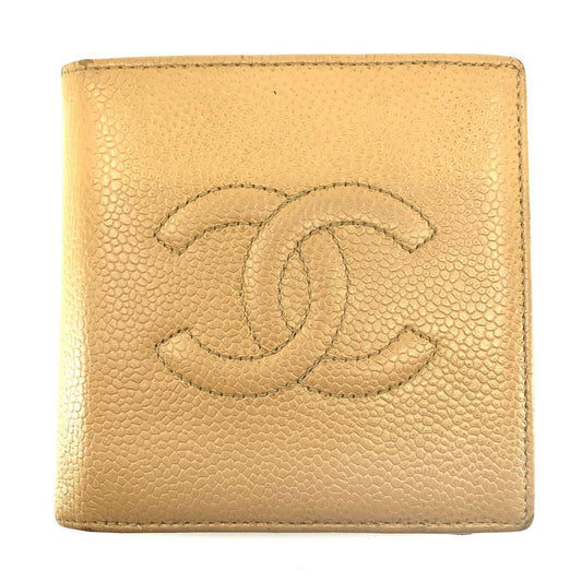 【美品・シール有】CHANEL シャネル／キャビアスキン  ココマーク 二つ折り財布／レザー／イエロー