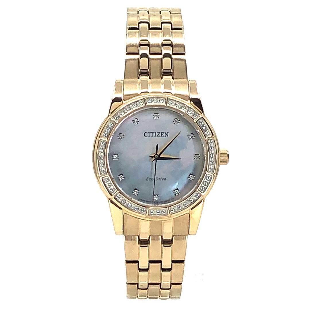 【日本未発売・美品】シチズン／スワロフスキー E031-R011901／ソーラークォーツ／GP・スワロフスキー・シェル文字盤／ゴールド