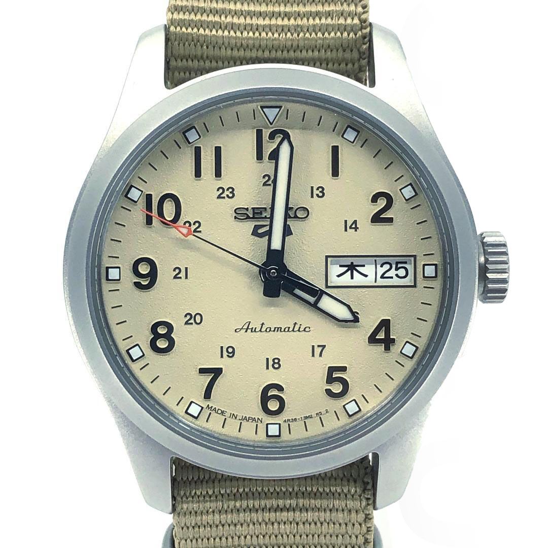 【美品】SEIKO セイコー／セイコー5 4R36-13P0／自動巻き／裏スケ／ステンレス・キャンバス／シルバー・サンド・カーキ