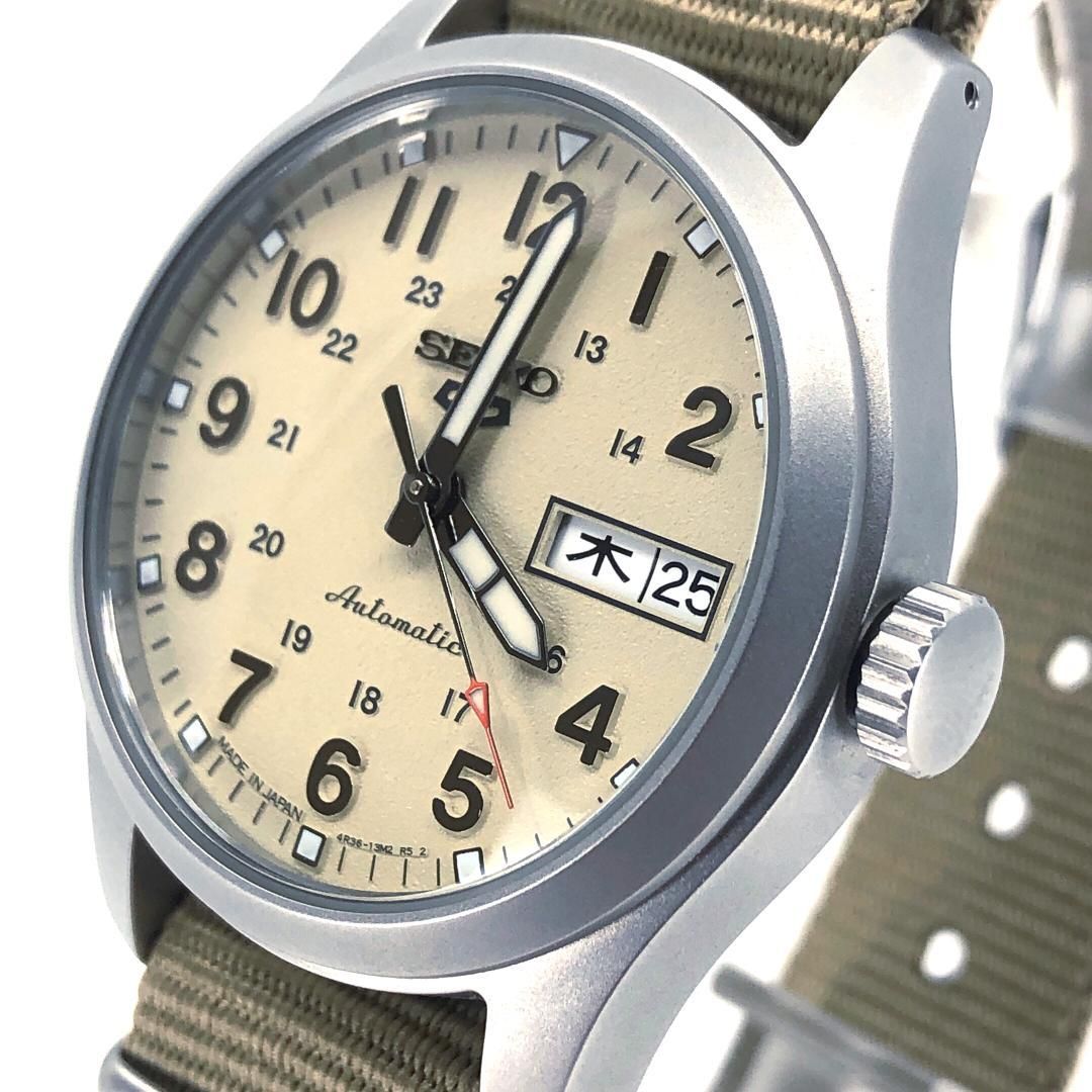 【美品】SEIKO セイコー／セイコー5 4R36-13P0／自動巻き／裏スケ／ステンレス・キャンバス／シルバー・サンド・カーキ