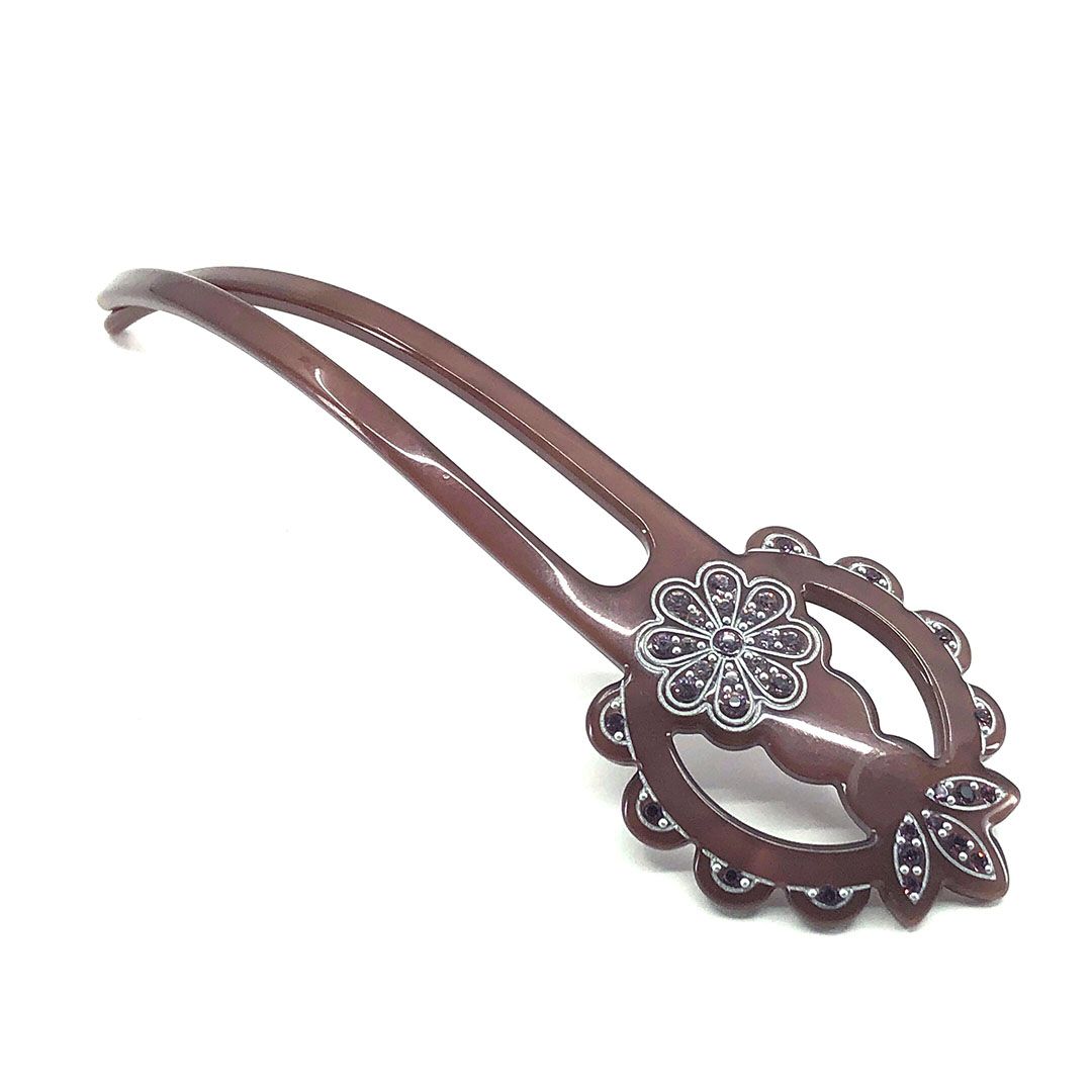 ALEXANDRE DE PARIS アレクサンドルドゥパリ／ヘアアクセサリー ヘアコーム かんざし フラワー 花／カラー ラインストーン／ブラウン パープル／AP05