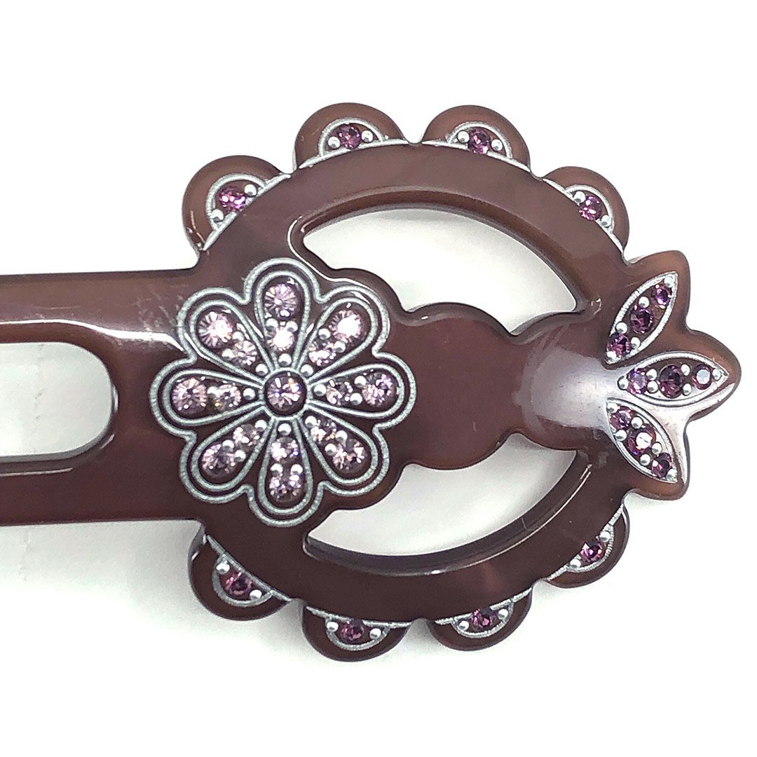 ALEXANDRE DE PARIS アレクサンドルドゥパリ／ヘアアクセサリー ヘアコーム かんざし フラワー 花／カラー ラインストーン／ブラウン パープル／AP05