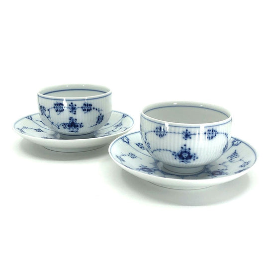【美品】Royal Copenhagen ロイヤルコペンハーゲン／ブルーフルーテッド プレイン ペア カップ＆ソーサー 湯飲み 2客／陶器／ホワイト