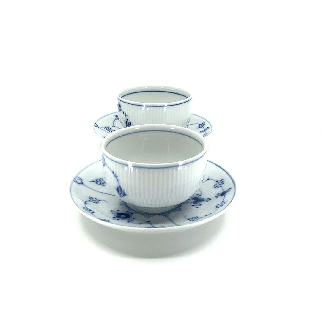 【美品】Royal Copenhagen ロイヤルコペンハーゲン／ブルーフルーテッド プレイン ペア カップ＆ソーサー 湯飲み 2客／陶器／ホワイト