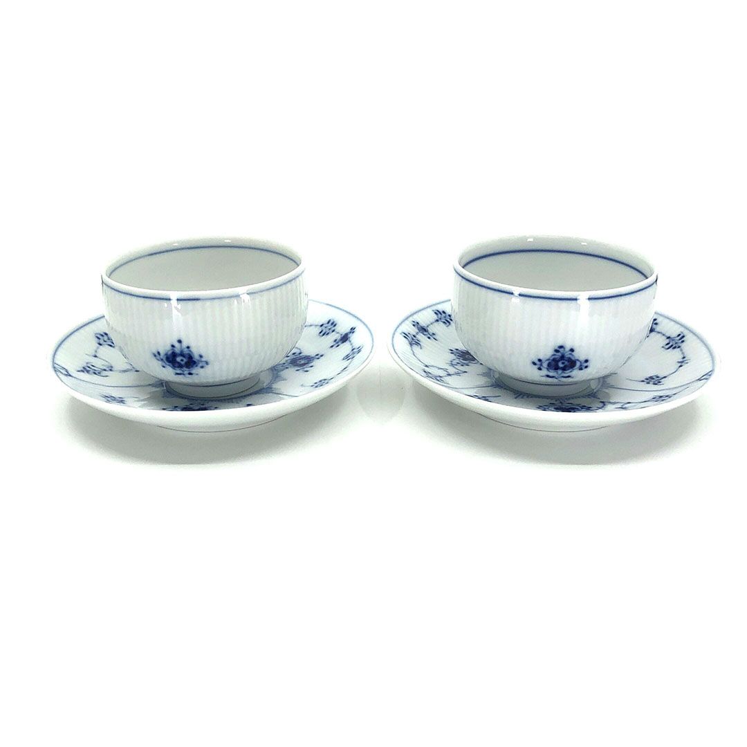 【美品】Royal Copenhagen ロイヤルコペンハーゲン／ブルーフルーテッド プレイン ペア カップ＆ソーサー 湯飲み 2客／陶器／ホワイト