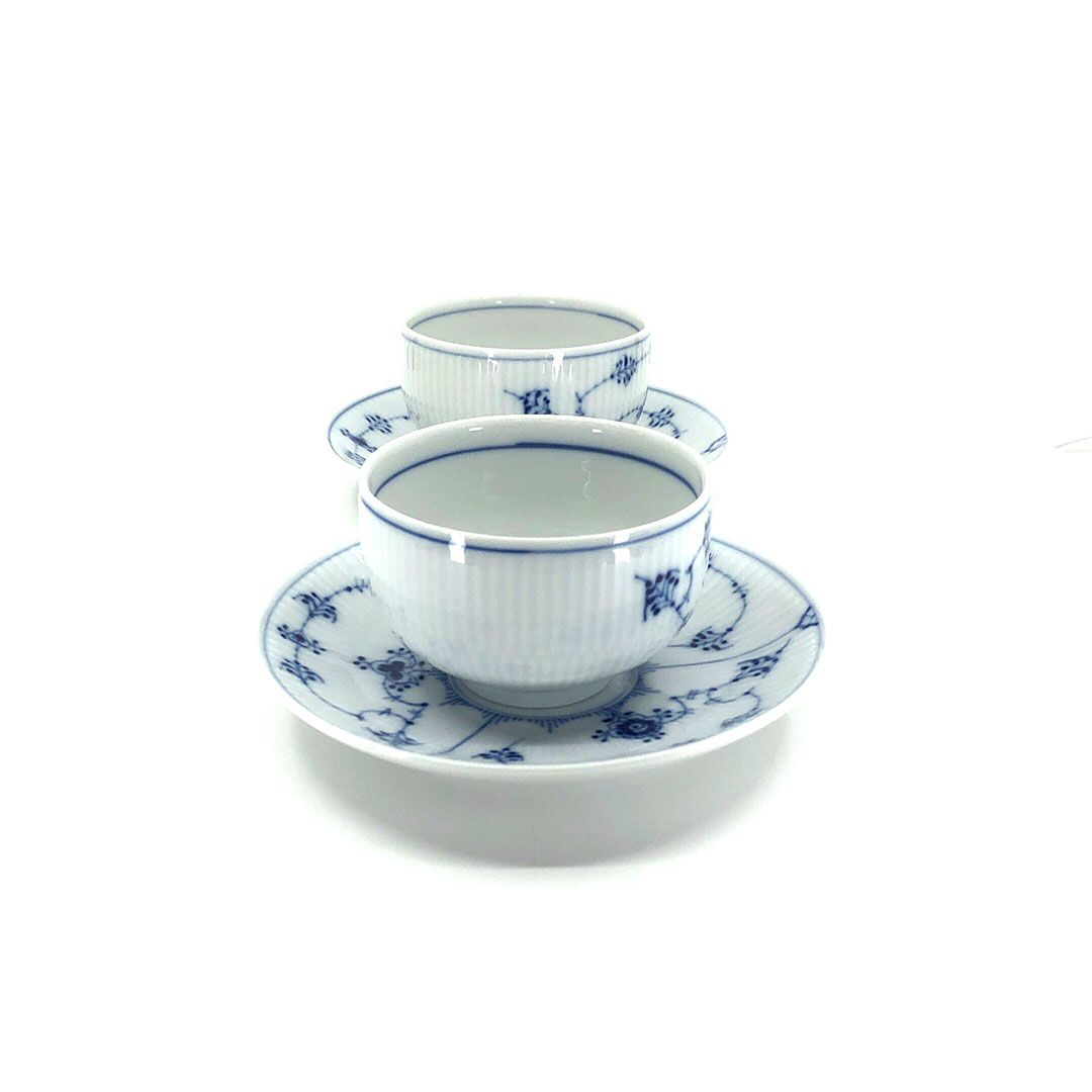 【美品】Royal Copenhagen ロイヤルコペンハーゲン／ブルーフルーテッド プレイン ペア カップ＆ソーサー 湯飲み 2客／陶器／ホワイト