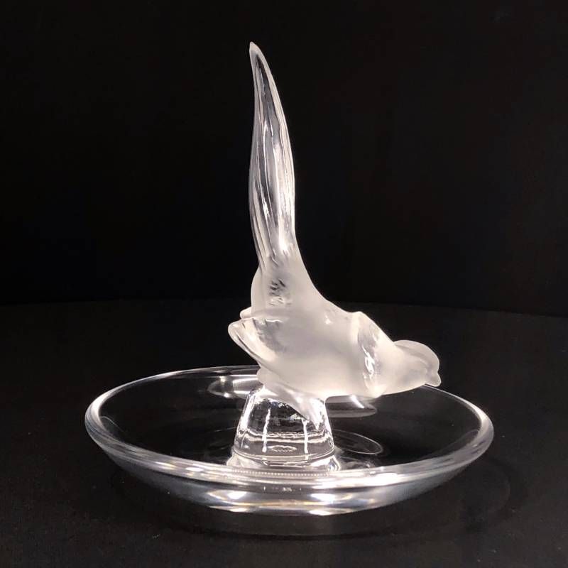 【美品】Lalique ラリック／バード 鳥 リング ピン トレイ 小物入れ／グラス／乳白色 クリア