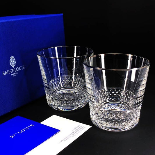【美品・箱付き】SAINT-LOUIS サンルイ／ダイヤカット シルバーリム ペアグラス／クリスタルグラス／クリア・シルバー
