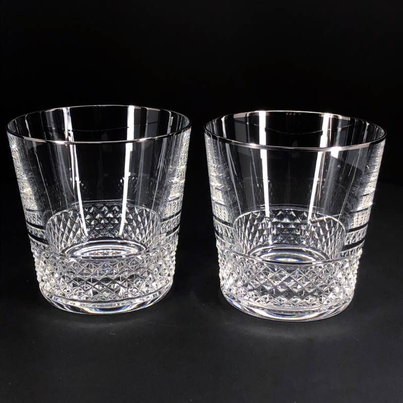 【美品・箱付き】SAINT-LOUIS サンルイ／ダイヤカット シルバーリム ペアグラス／クリスタルグラス／クリア・シルバー