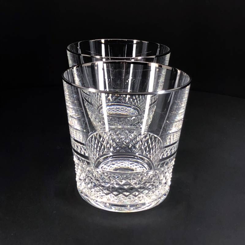 【美品・箱付き】SAINT-LOUIS サンルイ／ダイヤカット シルバーリム ペアグラス／クリスタルグラス／クリア・シルバー