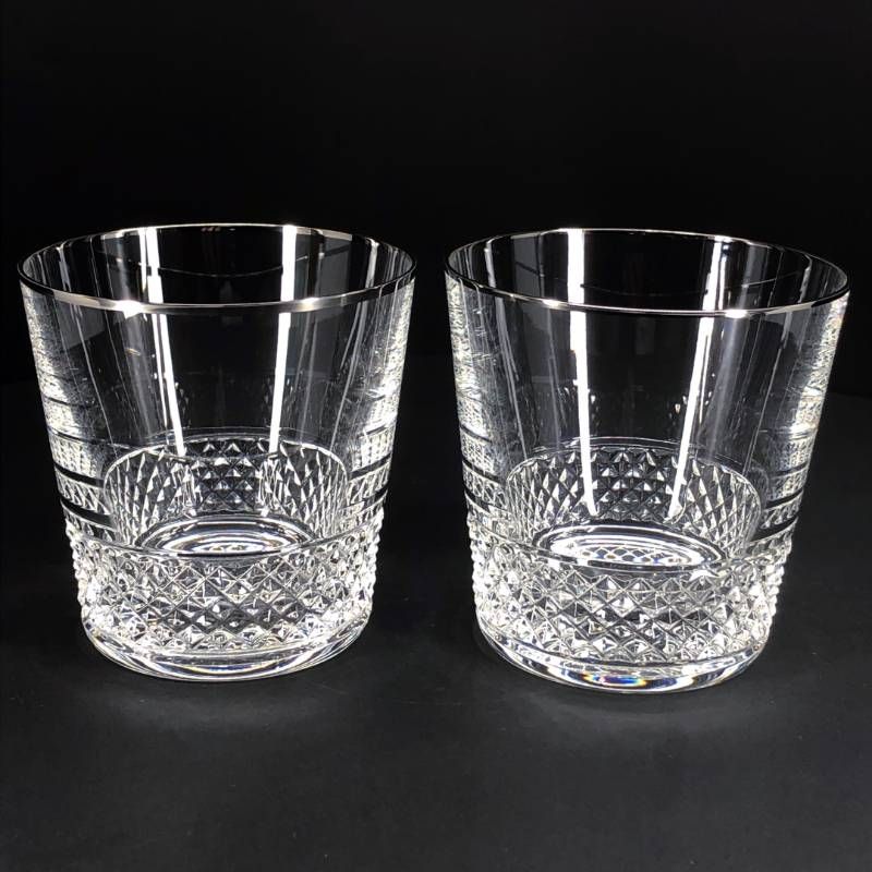 【美品・箱付き】SAINT-LOUIS サンルイ／ダイヤカット シルバーリム ペアグラス／クリスタルグラス／クリア・シルバー