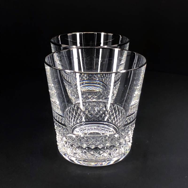 【美品・箱付き】SAINT-LOUIS サンルイ／ダイヤカット シルバーリム ペアグラス／クリスタルグラス／クリア・シルバー