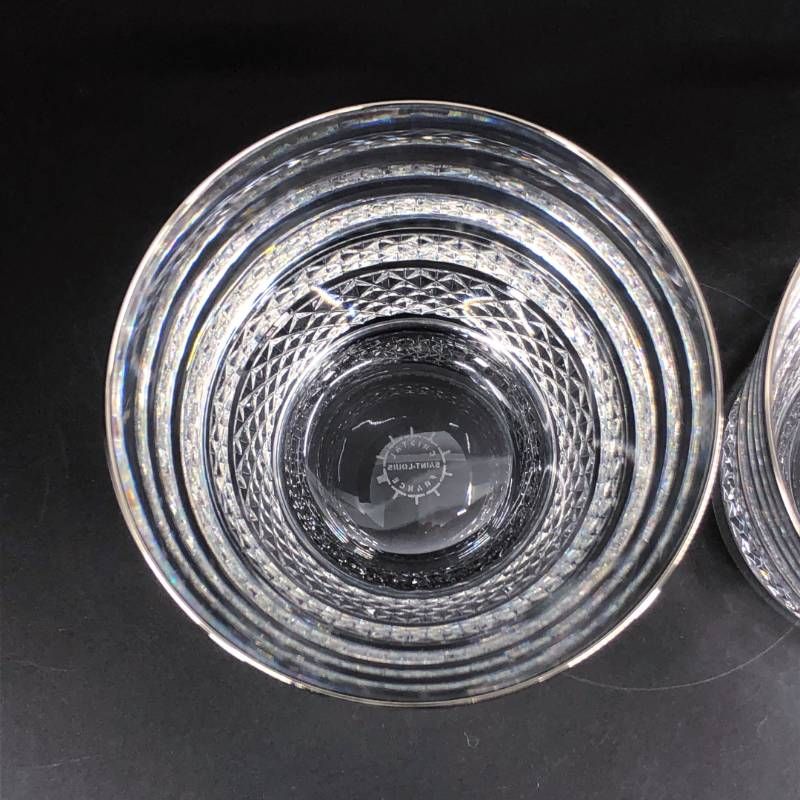 【美品・箱付き】SAINT-LOUIS サンルイ／ダイヤカット シルバーリム ペアグラス／クリスタルグラス／クリア・シルバー
