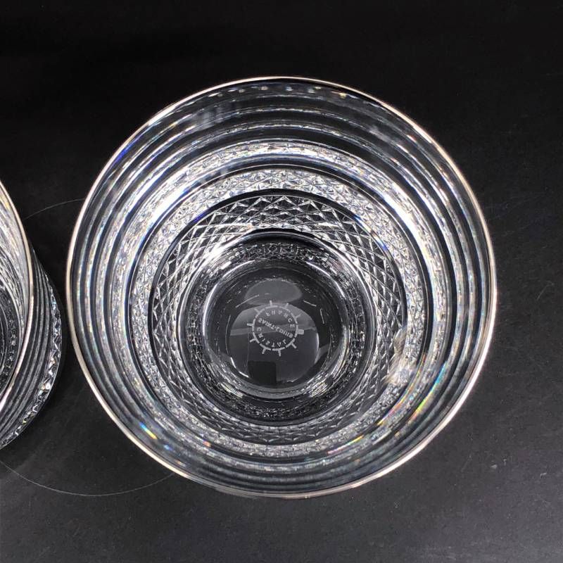 【美品・箱付き】SAINT-LOUIS サンルイ／ダイヤカット シルバーリム ペアグラス／クリスタルグラス／クリア・シルバー