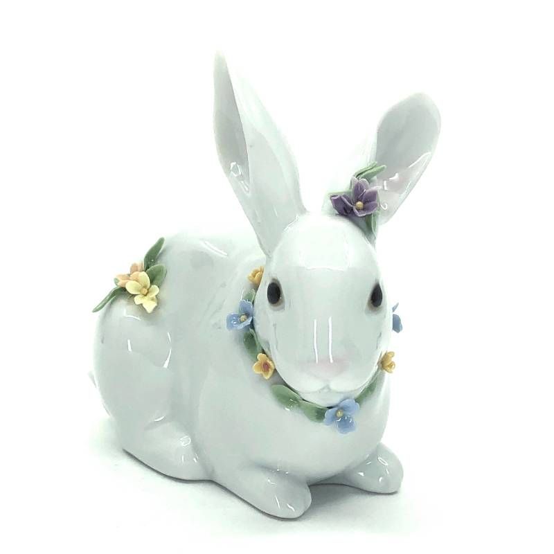 【美品】LLADRO リヤドロ／花飾りの白うさぎ II フィギュリン／陶器／マルチカラー