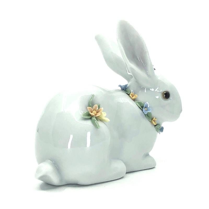 【美品】LLADRO リヤドロ／花飾りの白うさぎ II フィギュリン／陶器／マルチカラー