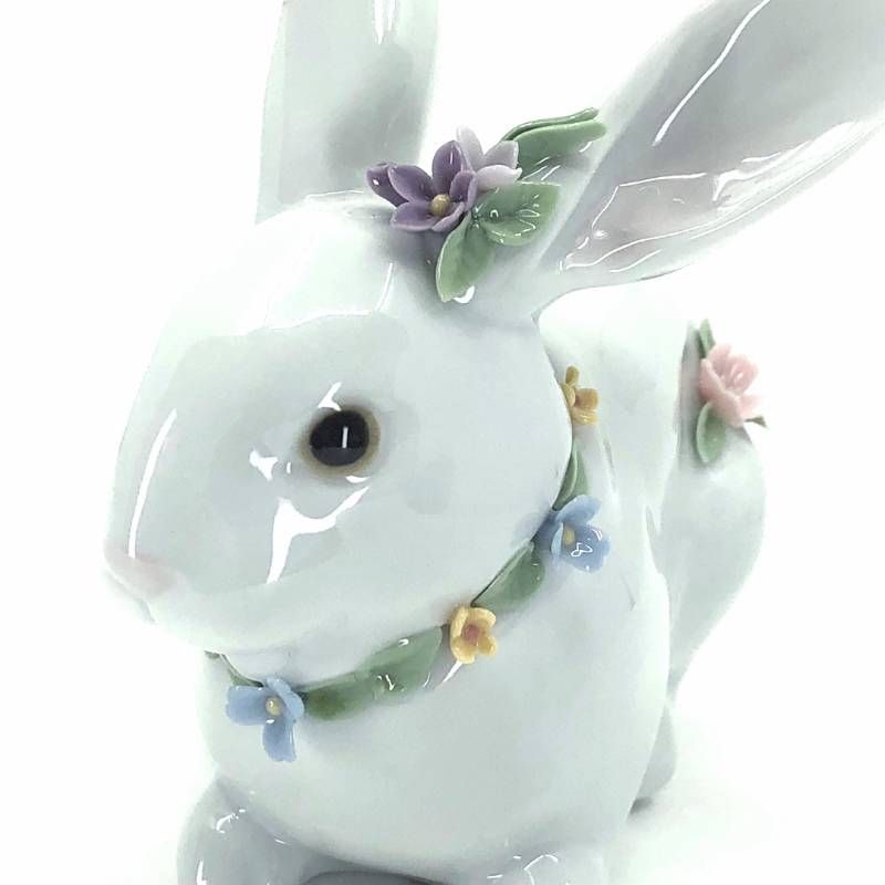 【美品】LLADRO リヤドロ／花飾りの白うさぎ II フィギュリン／陶器／マルチカラー