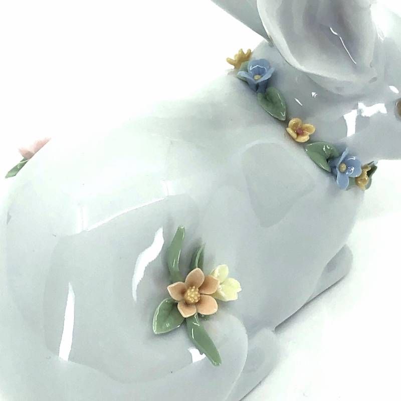 【美品】LLADRO リヤドロ／花飾りの白うさぎ II フィギュリン／陶器／マルチカラー