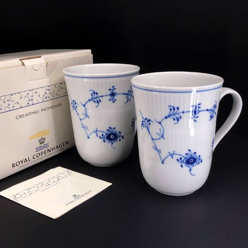 【美品】Royal Copenhagen ロイヤルコペンハーゲン／ブルーフルーテッド プレイン ペア マグカップ／陶器／ホワイト・ブルー