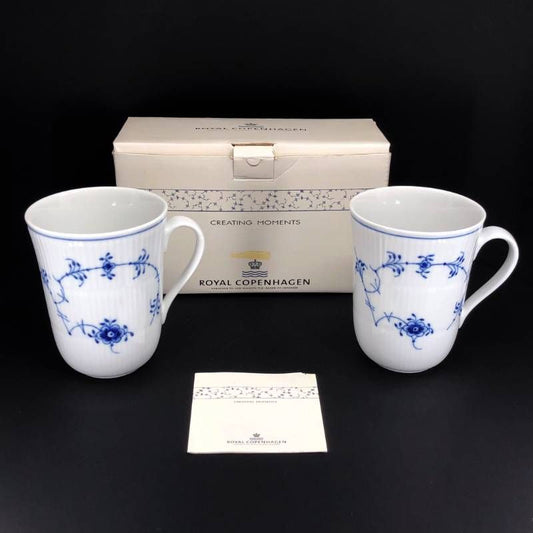 【美品】Royal Copenhagen ロイヤルコペンハーゲン／ブルーフルーテッド プレイン ペア マグカップ／陶器／ホワイト・ブルー