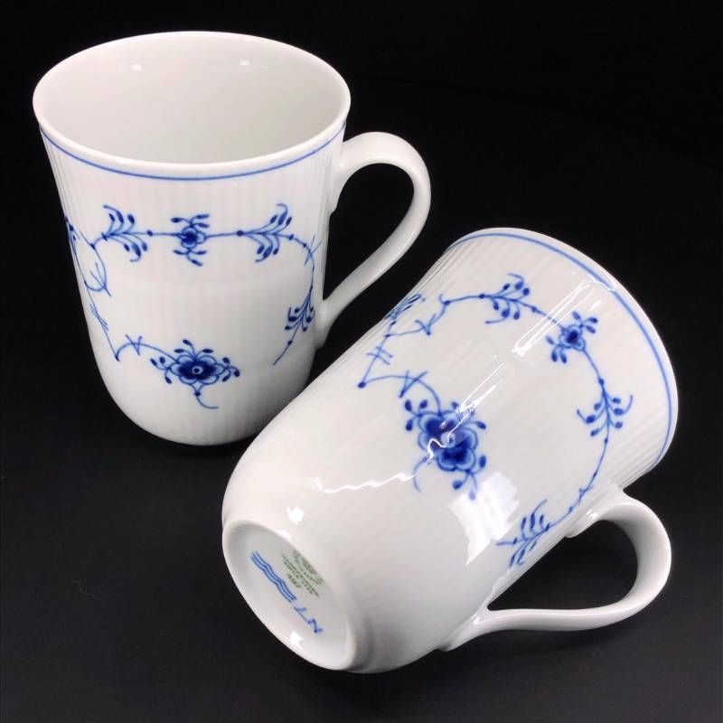 【美品】Royal Copenhagen ロイヤルコペンハーゲン／ブルーフルーテッド プレイン ペア マグカップ／陶器／ホワイト・ブルー