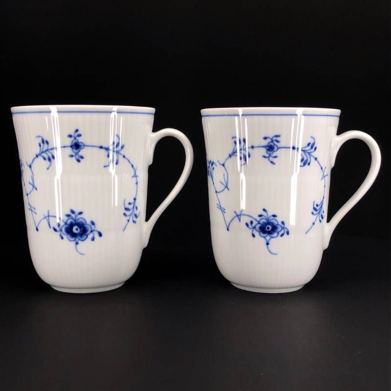 【美品】Royal Copenhagen ロイヤルコペンハーゲン／ブルーフルーテッド プレイン ペア マグカップ／陶器／ホワイト・ブルー