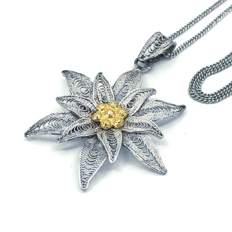 【美品】ヴィンテージ エーデルワイスの花 ネックレス／銀線細工／SV925／シルバー・ゴールド