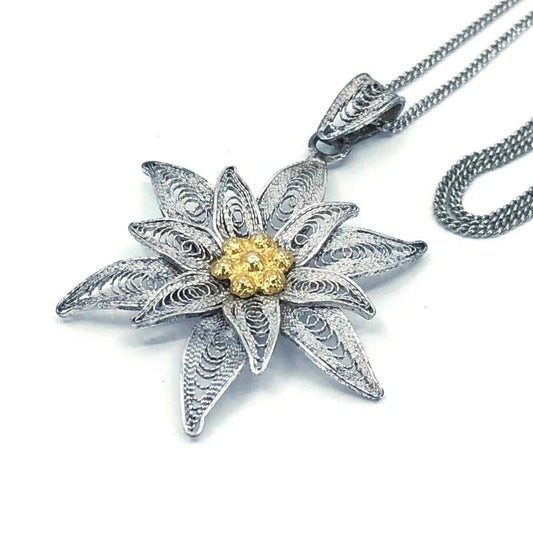【美品】ヴィンテージ エーデルワイスの花 ネックレス／銀線細工／SV925／シルバー・ゴールド