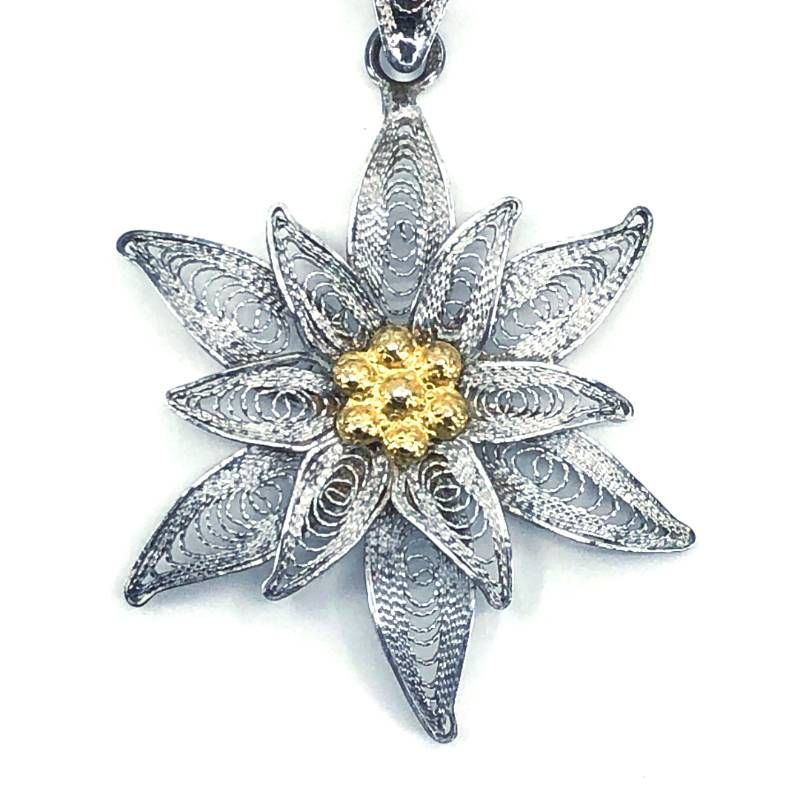 【美品】ヴィンテージ エーデルワイスの花 ネックレス／銀線細工／SV925／シルバー・ゴールド