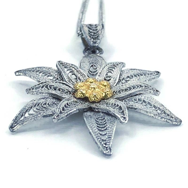 【美品】ヴィンテージ エーデルワイスの花 ネックレス／銀線細工／SV925／シルバー・ゴールド