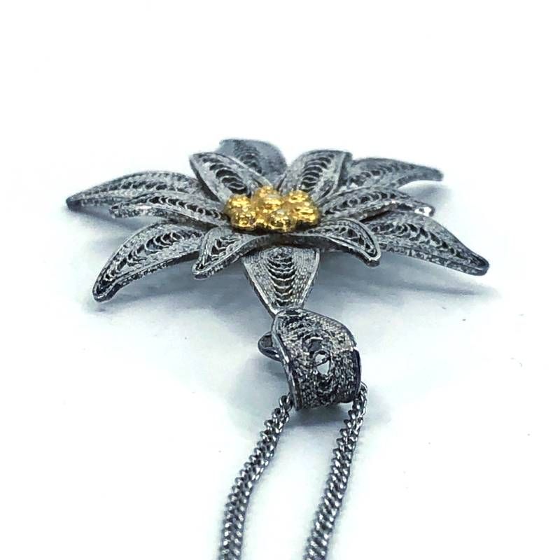 【美品】ヴィンテージ エーデルワイスの花 ネックレス／銀線細工／SV925／シルバー・ゴールド