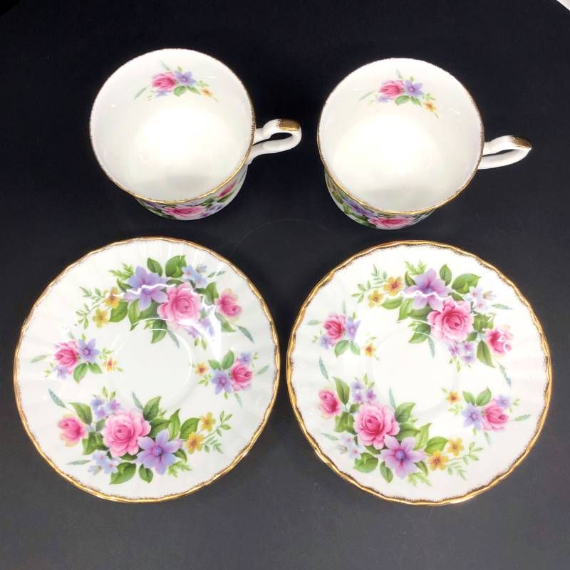 Royal Stafford ロイヤルスタッフォード／カップ＆ソーサー（2客）・プレート（小 2枚）・プレート（大 1枚） セット／陶器／ホワイト・ピンク・パープル