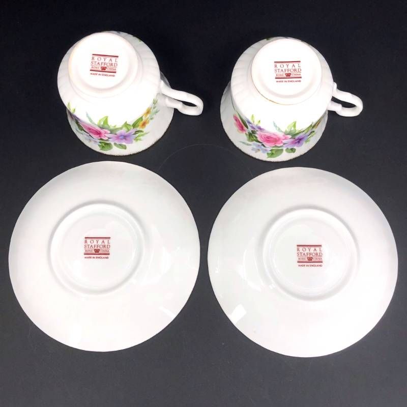 Royal Stafford ロイヤルスタッフォード／カップ＆ソーサー（2客）・プレート（小 2枚）・プレート（大 1枚） セット／陶器／ホワイト・ピンク・パープル