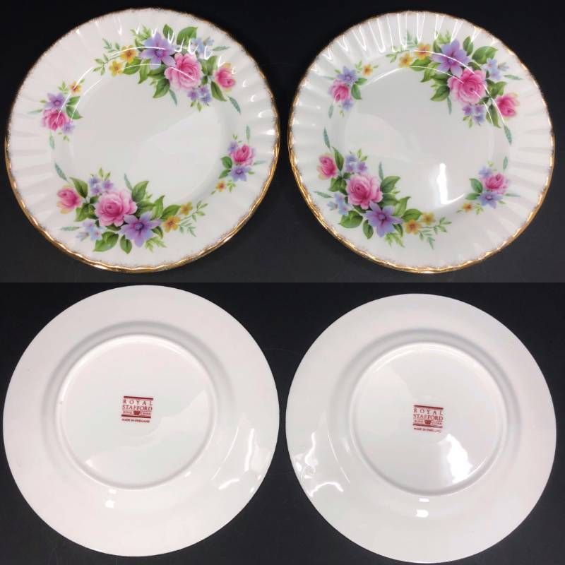 Royal Stafford ロイヤルスタッフォード／カップ＆ソーサー（2客）・プレート（小 2枚）・プレート（大 1枚） セット／陶器／ホワイト・ピンク・パープル