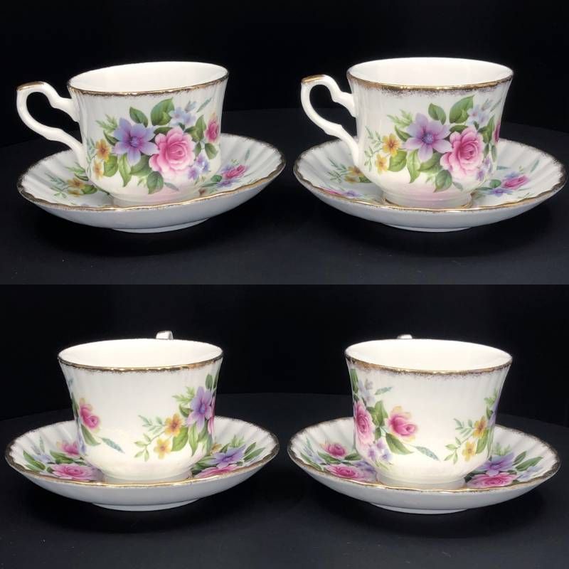 Royal Stafford ロイヤルスタッフォード／カップ＆ソーサー（2客）・プレート（小 2枚） セット／陶器／ホワイト・ピンク・パープル