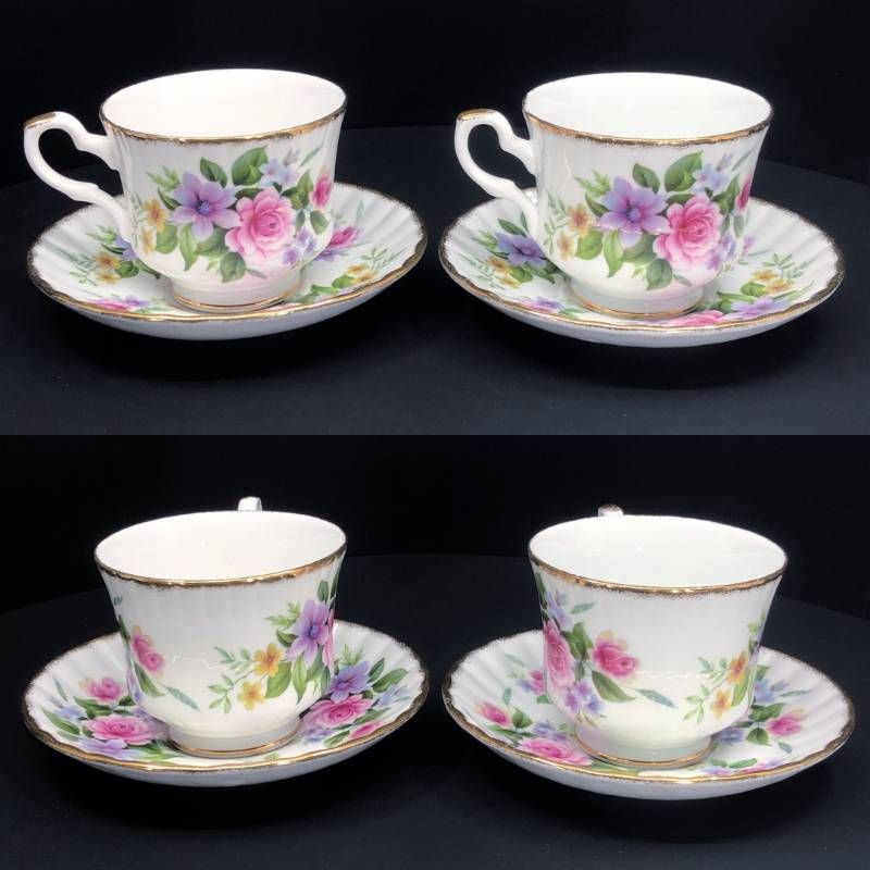Royal Stafford ロイヤルスタッフォード／カップ＆ソーサー（2客）・プレート（小 2枚） セット／陶器／ホワイト・ピンク・パープル