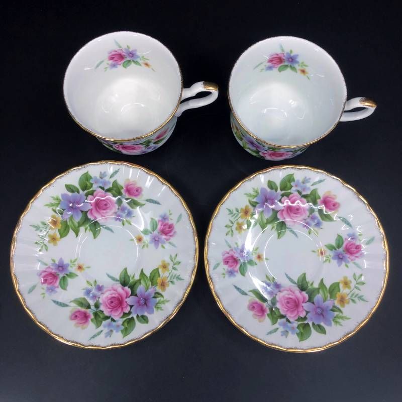 Royal Stafford ロイヤルスタッフォード／カップ＆ソーサー（2客）・プレート（小 2枚） セット／陶器／ホワイト・ピンク・パープル