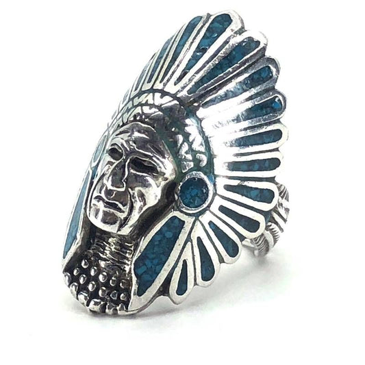 【美品】NAVAJO ナバホ族／インディアン ヘッドリング 指輪／SV925・ターコイズ／10号／シルバー・ターコイズブルー