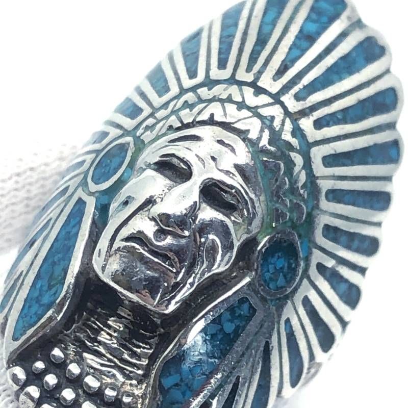 【美品】NAVAJO ナバホ族／インディアン ヘッドリング 指輪／SV925・ターコイズ／10号／シルバー・ターコイズブルー