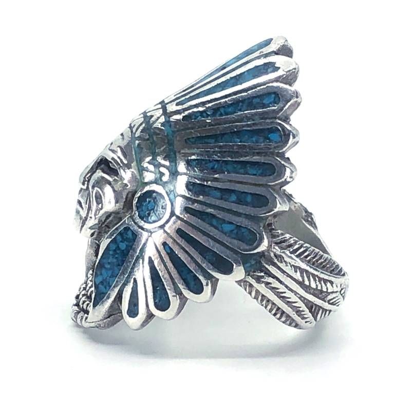 【美品】NAVAJO ナバホ族／インディアン ヘッドリング 指輪／SV925・ターコイズ／10号／シルバー・ターコイズブルー