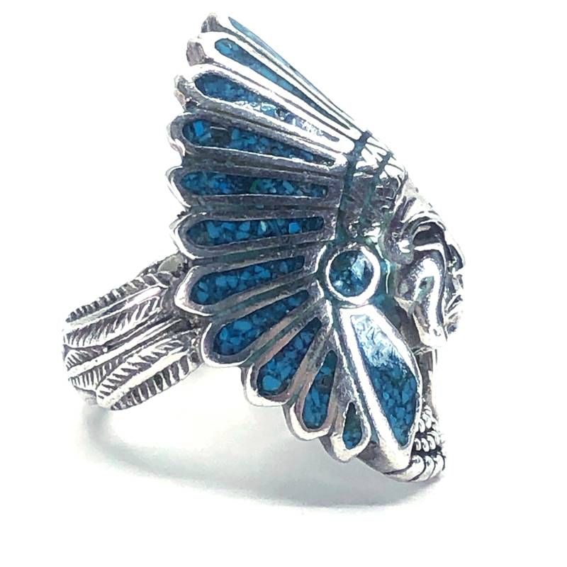 【美品】NAVAJO ナバホ族／インディアン ヘッドリング 指輪／SV925・ターコイズ／10号／シルバー・ターコイズブルー