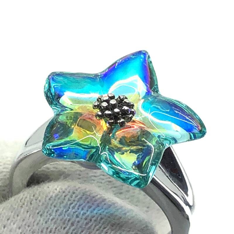 【美品】Baccarat バカラ／ブロッサム スター カクテル リング 指輪／12.5号／SV925・クリスタルグラス／ブルー・マルチカラー・シルバー／BC587