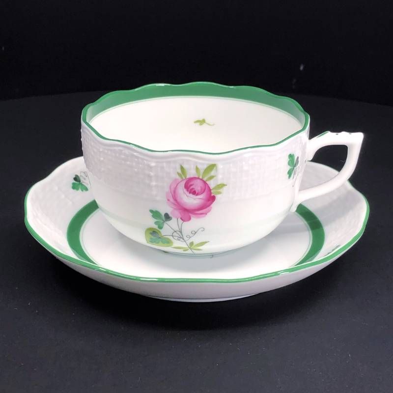 【美品】Herend ヘレンド／ウィーンのバラ カップ&ソーサー／陶器／ホワイト・グリーン